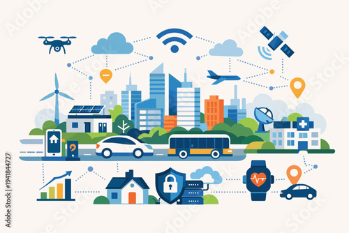 Smart Interconnected Digital City Illustration with IoT Technology, Sustainable Energy, Autonomous Transport, Smart Homes, Healthcare, and Global Connectivity in a Modern Flat Vector Design.