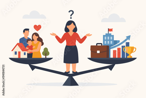 Woman Balancing Career and Family Life on a Scale Vector Illustration. Concept of Work-Life Balance, Choosing Between Professional Success, Business Growth, Office Work and Personal Home Life.