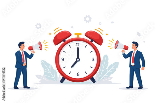 Businessmen Holding Megaphones and Ringing Alarm Clock Representing Time Management, Urgency, Deadlines, and Morning Wake Up Call in a Flat Vector Illustration Style for Office Productivity