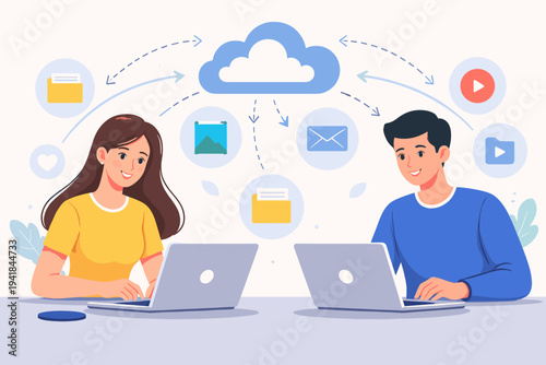 Flat Vector Illustration of a Young Man and Woman Using Laptops for Cloud Computing and Data Sharing, Networking Concept with Icons for Files, Images, Email, and Video Communication Online.