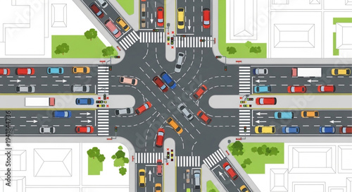 Aerial View of a Busy City Intersection with Cars.