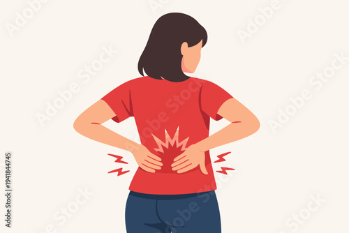 Flat vector illustration of a woman suffering from lower back pain, holding her lumbar region with hands. Concept of muscle strain, spinal injury, sciatica, and chronic ache in the spine area.