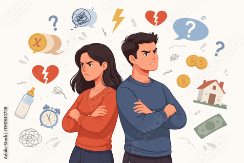 Angry Couple Standing Back to Back with Relationship Problems, Financial Stress, Parenting Issues, and Communication Breakdown. Flat Vector Illustration of Man and Woman in Conflict and Divorce.