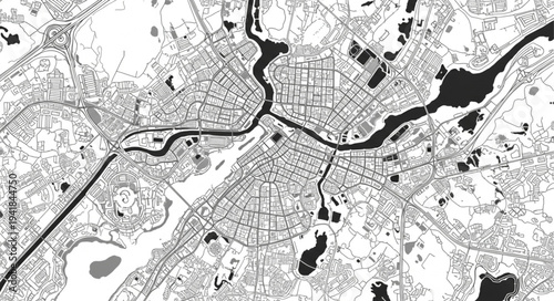 Detailed Black and White Map of a City with River.