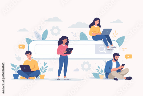 Flat vector illustration of diverse people using laptops, tablets, and smartphones for online searching and browsing around a large search bar. Concept for internet technology and remote work.