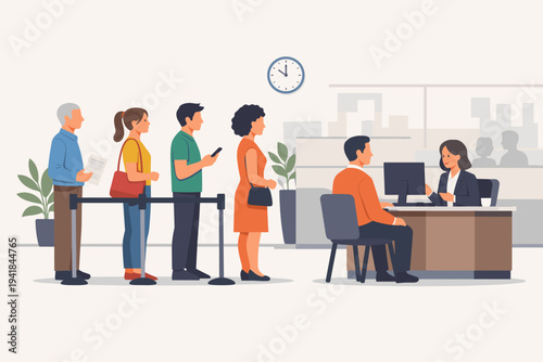 Vector illustration of diverse customers waiting in a queue at a bank branch to be assisted by a financial officer. People standing in line at a service counter in a modern office interior.