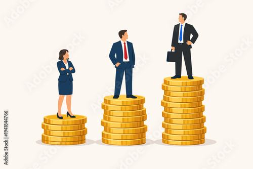 Vector Illustration of Businesswoman and Businessmen Standing on Stacks of Gold Coins of Different Heights Representing Gender Pay Gap, Income Inequality, Wage Disparity, and Corporate Success