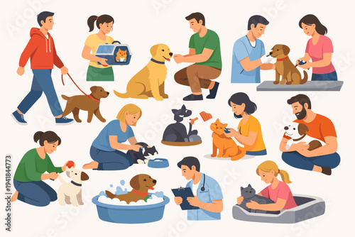 Flat vector set of people caring for pets: walking a dog, feeding, grooming a cat, veterinary exams, bathing a puppy, and playing. Diverse scenes of animal ownership and professional pet care.