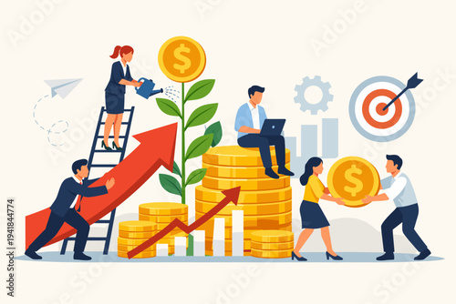 Business people working together as a team to grow company profits and achieve financial success, featuring money trees, stacks of gold coins, upward growth arrows, and strategic target goals.
