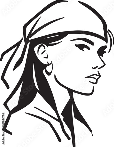 Hand Drawn Woman Pirate Black and White Avatar Illustration in Minimal Line Art Style Design