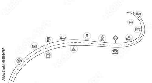 Roadway Illustration with Signage and Vehicles on a Winding Path.