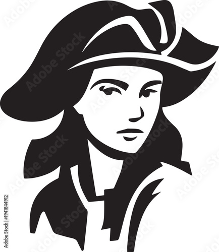 Hand Drawn Woman Pirate Black and White Avatar Illustration in Minimal Line Art Style Design