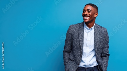 startup founder in smart casual outfit smiling on a blue business background ar 169