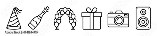 Six black outline celebration event party icons are neatly arranged in a horizontal row, depicting essential elements for festive occasions with a minimalist and modern design