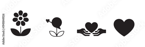 Black flower love heart icons set nature symbols collection
