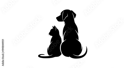 Cat and dog sitting side by side silhouette, black and white vector illustration, elegant pet silhouette, smooth curves, isolated on white background, minimal graphic design, pet companionship