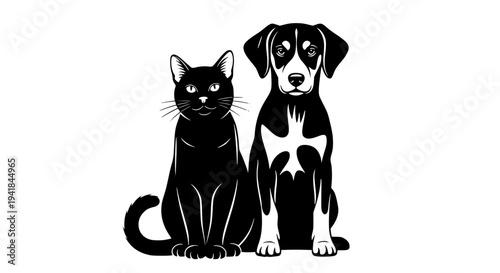 Cat and dog sitting side by side silhouette, black and white vector illustration, elegant pet silhouette, smooth curves, isolated on white background, minimal graphic design, pet companionship