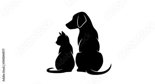 Cat and dog sitting side by side silhouette, black and white vector illustration, elegant pet silhouette, smooth curves, isolated on white background, minimal graphic design, pet companionship
