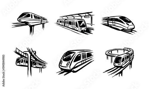 Set of six modern train illustrations in a dynamic hand-drawn sketch style showing high-speed rail, monorail, and subway public transportation vehicles