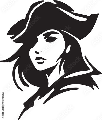 Hand Drawn Woman Pirate Black and White Avatar Illustration in Minimal Line Art Style Design
