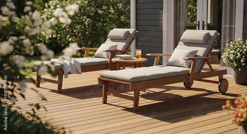 Fototapeta premium Outdoor relaxation scene with two chaise lounges on a wooden deck