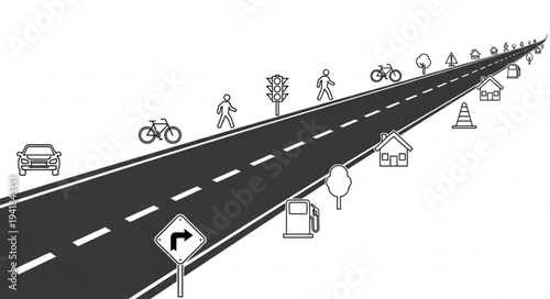 Roadway Perspective with Various Road Signs and Elements.