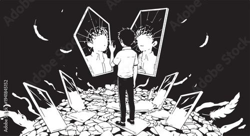 Black and white illustration of a man surrounded by broken mirrors and screens