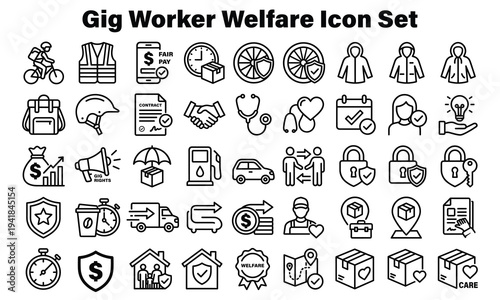 Gig worker welfare icons for fair labor practices and benefits