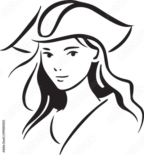 Hand Drawn Woman Pirate Black and White Avatar Illustration in Minimal Line Art Style Design