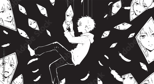 Vector illustration of man surrounded by multiple faces