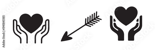 hands holding heart icon arrow passing through two hearts love symbol and broken heart