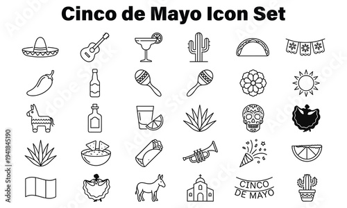 Cinco de Mayo icons set with Mexican culture symbols