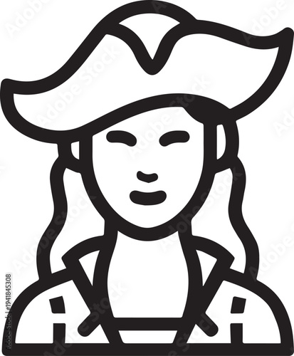 Hand Drawn Woman Pirate Black and White Avatar Illustration in Minimal Line Art Style Design