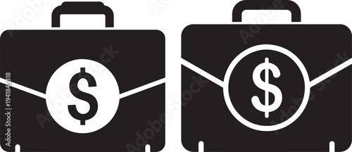 Two black briefcase icons with dollar signs inside circles, representing finance and business concepts