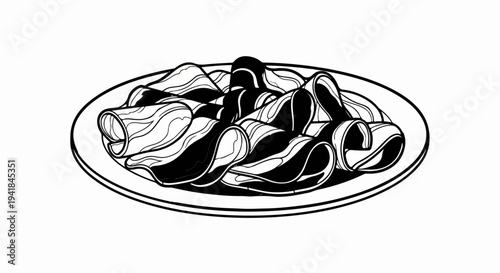 Thinly sliced food, rolled and stacked on a round plate