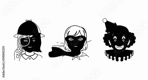 Three cartoon characters a detective, a superhero, and a clown