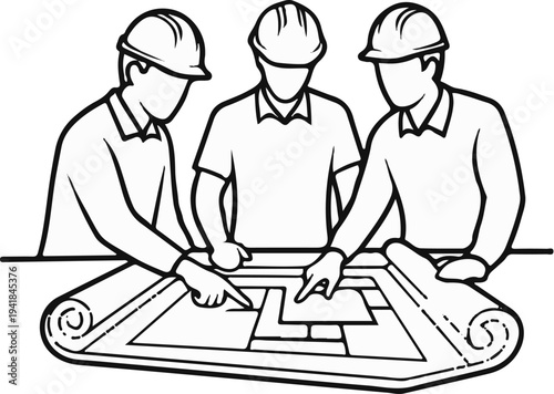 Three construction workers in hard hats collaborate over blueprints