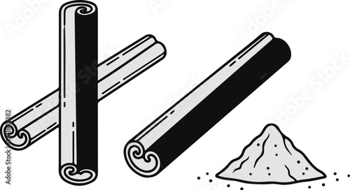 Three cinnamon sticks and a pile of ground spice