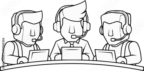 Three cartoon individuals in headsets work on laptops at a table