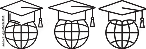 Graduation caps on globe icon set silhouette vector