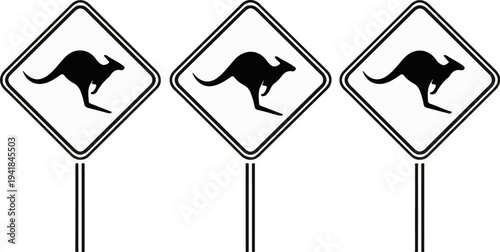 Three identical diamond-shaped traffic signs depicting a kangaroo silhouette are displayed