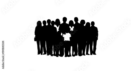 Silhouette of a crowd with one person standing out in white.