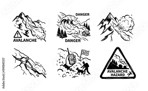 Set of six black ink illustrations depicting natural disasters and mountain safety warnings, featuring hand-drawn sketches of an avalanche, tsunami, earthquake, and a rescue scene