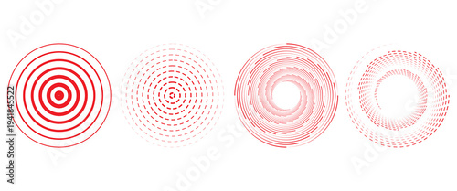 Red concentric ripple circles set. Sonar or sound wave rings collection. Epicentre, target, radar icon concept. Radial signal or vibration elements. Halftone dotted and lined vector illustration