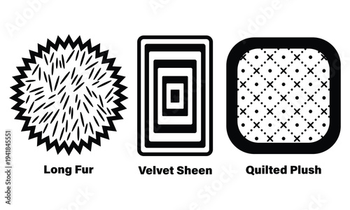 Black and white fabric textures with Long Fur, Velvet Sheen, Quilted Plush patterns