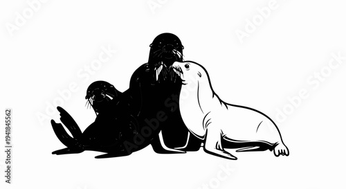 Three seals, one white and two black, huddled together in a close embrace