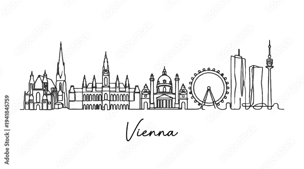 Fototapeta premium Elegant minimalist black and white line drawing of Vienna's iconic skyline including historic landmarks and modern structures