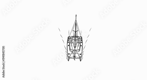 Top-down sketch of a sailboat with sails furled moving through water