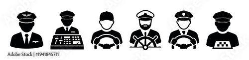Set of black and white icons representing various transportation professions like pilot, captain, taxi driver, and chauffeur in a minimalist silhouette graphic style