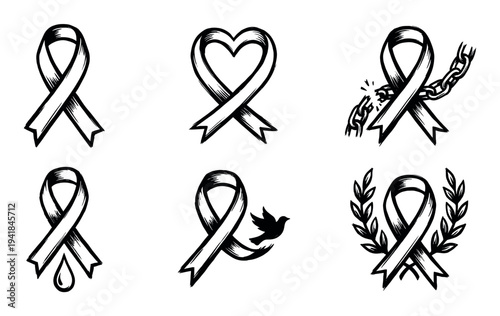 Set of six black awareness ribbon icons in a hand-drawn sketch style, featuring symbolic elements like a heart, broken chain, dove, tear drop, and laurel wreath for various causes